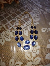 Vintage Charming Charlie Faceted Blue Cabochon Layered Statement Necklace