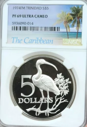 1974 TRINIDAD AND TABAGO SILVER 5 DOLLARS SCARLET IBIS NGC PF 69 ULTRA CAMEO TOP