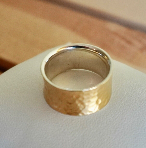 Gold Plated Ring Wide Band Size 8 925 Sterling Silver Yellow Hammered Concave