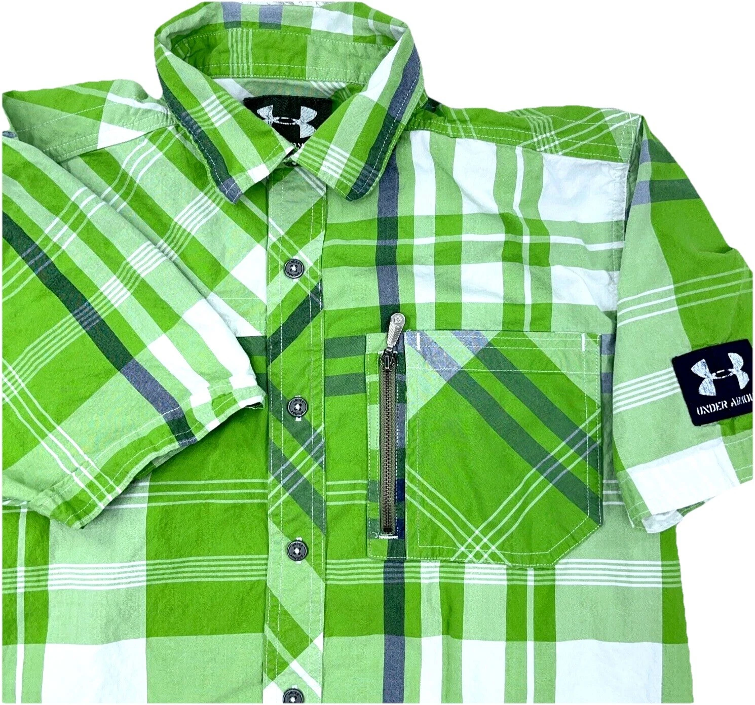 Under Armour Shirt Men Medium Green Plaid Button Up Outdoor Fish Hiking Adult