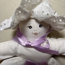 Vintage Cloth Doll White Lace Pillow Case Dress Purple Ribbons Roses 12”
