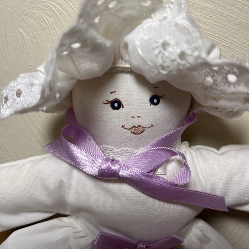 Vintage Cloth Doll White Lace Pillow Case Dress Purple Ribbons Roses 12” - Picture 1 of 15