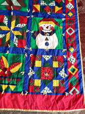 Christmas Snowman Log Cabin Quilt Colorful Lap Throw Blanket Machine Sewn 41x52