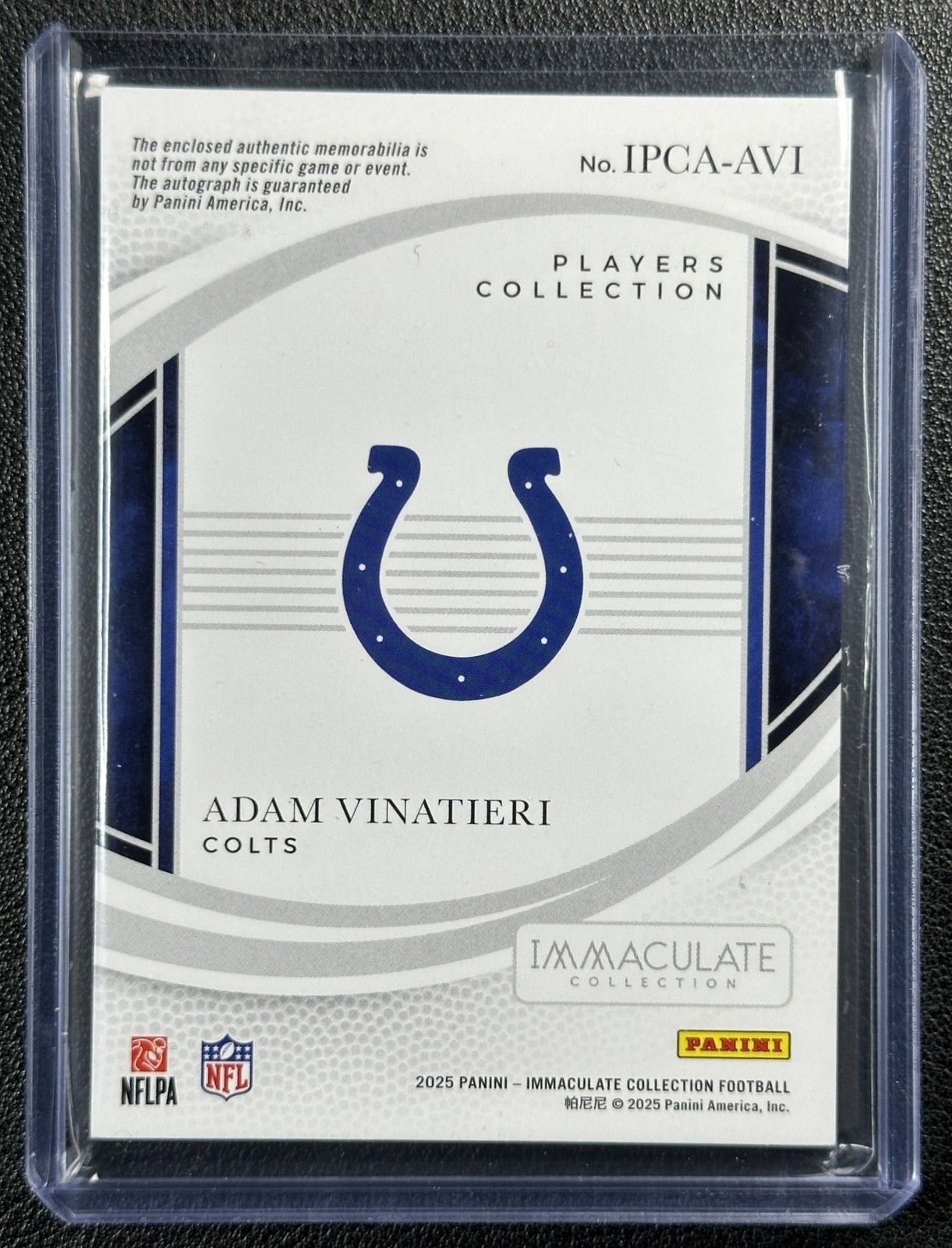 ADAM VINATIERI 2025 PANINI IMMACULATE PLAYERS COLL TAG PATCH AUTO 45/99 COLTS view 2