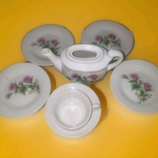 Vintage Fine China Porcelain Iris Miniature Tea Set Gold Trim, Signed