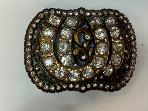 Two Lucky Horseshoe with Clear Rhinestone Accents Vintage Western Belt Buckle - Picture 13 of 17