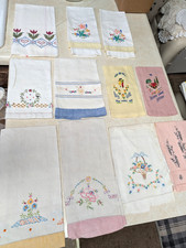 Vintage Linen Hand Finger Towel Guest Lot of 11 White With Borders Embroidery