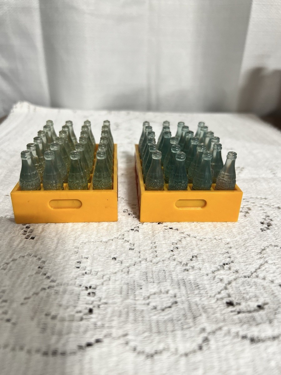 Lot of 2 Vintage Miniature Coca Cola Bottles Yellow Case Crate
