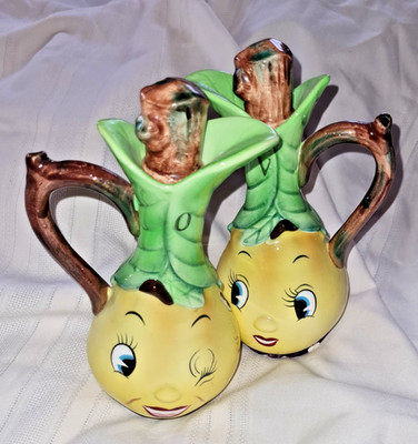 Vintage Anthropomorphic Py Japan Ceramic Oil & Vinegar Pears Lemon Face