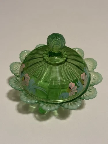 Vintage Green Depression Glass Frosted Tips Footed Small Butter Dish EC