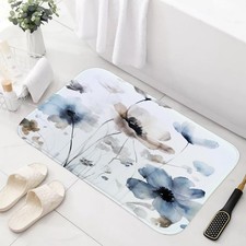 Boho Floral Bath Mat Rug for Bathroom, Cream Tan Beige Blue Grey White Waterc...