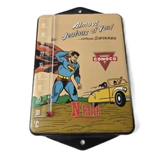 Vintage Conoco Superman Porcelain Sign - Gasoline Pump Ad Sign On Thermometer