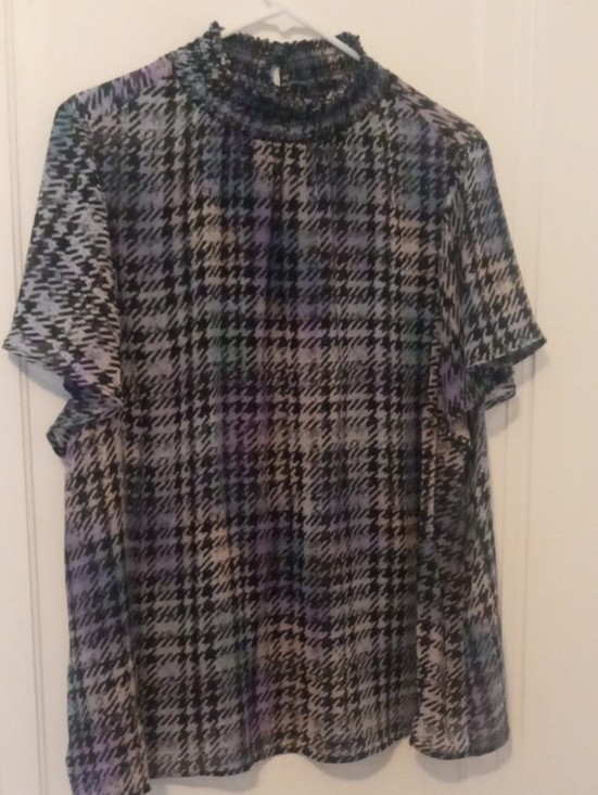 sheer Plaid Short-Sleeve Mock Neck Blouse in Black, Gray & Purple TOrrid 2