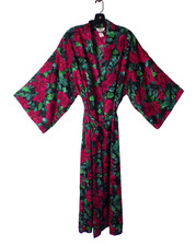 M L Vintage Victorias Secret Red Green Kimono Sleeve Long Wrap Robe Gold Label