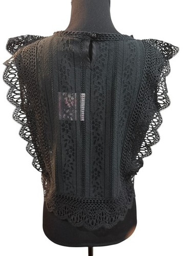 ChicWish Damen Bluse Größe Large schwarz Spitze Rundhals Schlüsselloch Knopf ärmellos - Bild 4 von 10