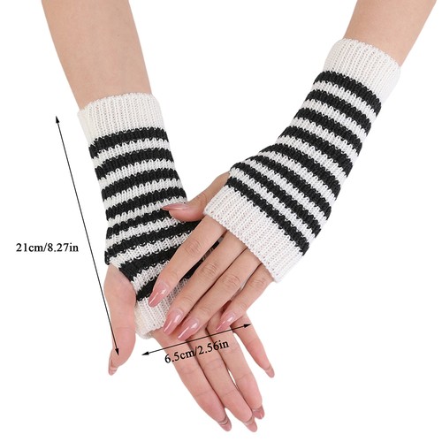 Striped Knit Long Fingerless Mittens Warmer Gloves Wrist Arm Sleeve Elbow Women - Picture 4 of 30