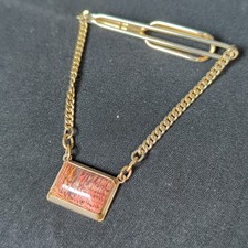 Vtg Window Agate Semi Prescious Stone Tie Bar Clip Chain Gold Tone