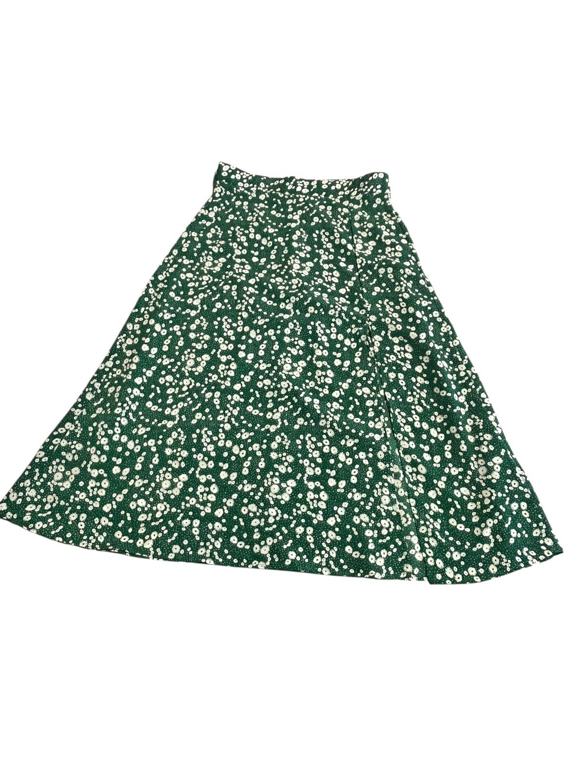 Shein Maxi Skirt Women's Size M Green White Floral Pull Up Elastic Waist Slit-image