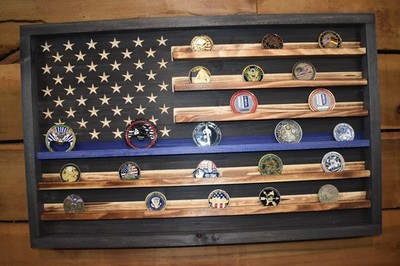 Thin Blue Line Challenge Coin Display Flag   Handmade Wooden Police Coin Holder