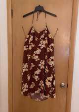 Women's Brown Cream Floral Satin Cowl Neck Slip Midi Dress M Adjustable Straps