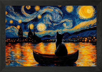 Gerahmtes Wandbild Poster Leinwanddruck Bild Katze in Sternennacht