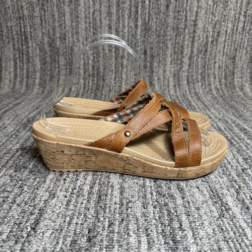 Crocs A Leigh Cork Wedge Sandals Women’s 10 Camel Brown Leather Slip On