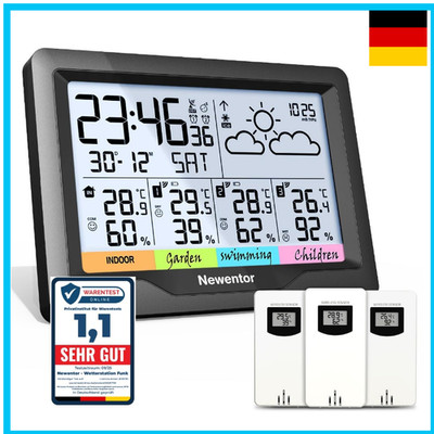 Funkwetterstation mit 3 Außensensoren Multifunktional DCF Uhr Wettervorhers