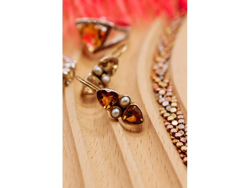 925 STERLING SILVER GOLD PLATED HELIODOR & PEARLS EARRINGS - Picture 4 of 7