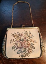 Vintage Woven Floral Tapestry "La Marquise" Evening Handbag w Gold Metal Frame