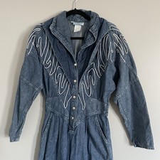 Vintage Pado Denim Western Jumpsuit L USA Festival Embroidered Rodeo Snap Front