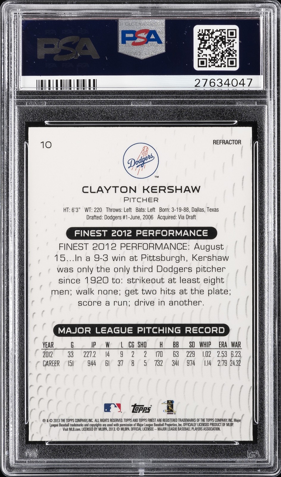2013 FINEST XFRACTOR #10 CLAYTON KERSHAW PSA 9 view 2