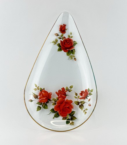 Vintage Glass Handpainted Floral Rose Teardrop Vanity Tray - Picture 2 of 7