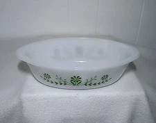 Vintage Glasbake Casserole Dish J235 1QT Green Daisy Milk Glass 10" Oval 
