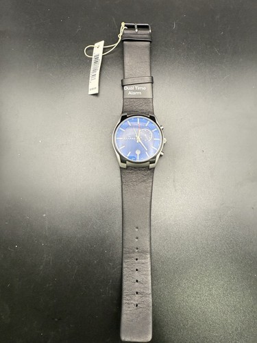 Skagen 853XLSLN Black Leather Strap Blue Dial Date Alarm Dual Time Watch $195 D6 - Picture 4 of 17