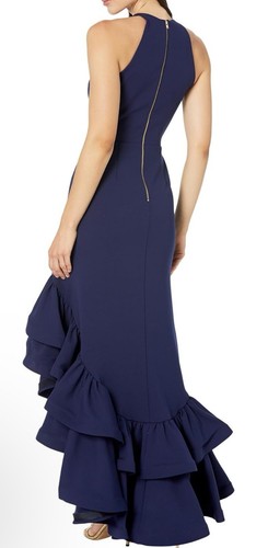BETSY & ADAM NWT Long Halter Crepe Tiered Ruffle Gown Dress Navy Size 4 - Picture 8 of 9