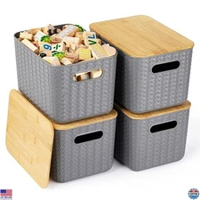 4-Pack Gray Storage Bins with Bamboo Lids - Stackable Organizing Containers
