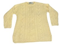 Vtg Aran Crafts Ireland Cable Knit 100 Wool Sweater M Fisherman Butter Yellow