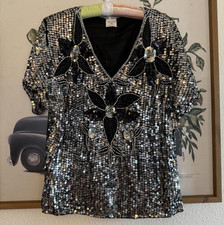 VTG 80s Black Silver Sequin Beaded Floral V-Neck Short Sleeve Pullover Blouse S