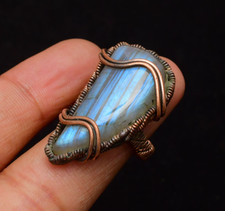 Blue Labradorite Gemstone Copper Wire Wrapped Handmade Jewelry Ring Size 7