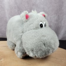Plush Hippo Hippopotamus Chubby Chunky Gray Silly Eyes Short Legs Pink Ears 8"