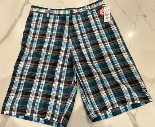Element Men’s Shorts 32 Plaid Cotton 10.5” Inseam NWT Turquoise Black White