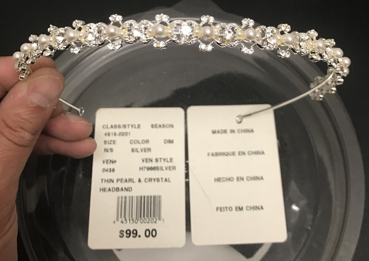 わ Davids Bridal Headpiece Wedding Silver Thin Pearls & Crystal