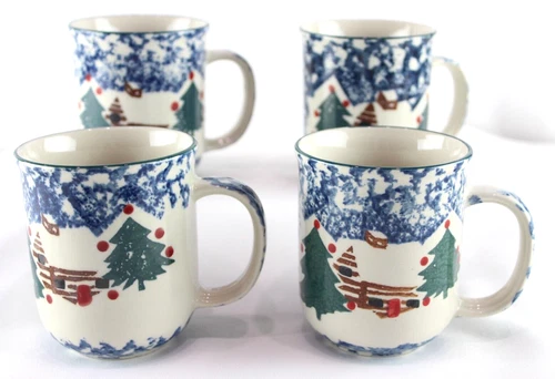 4 Tienshan Folkcraft Cabin In The Snow Coffee Mugs Cups Christmas Spongeware VTG