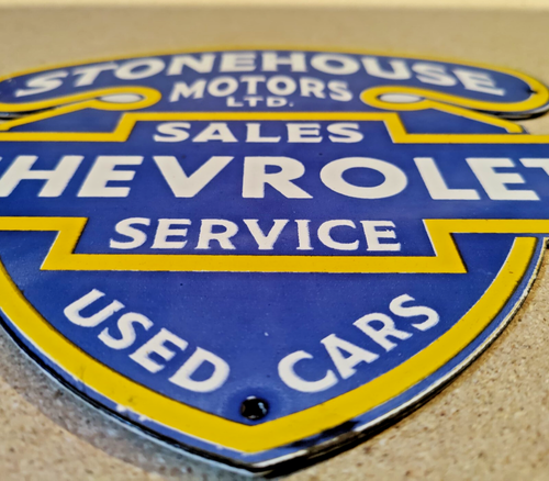 VINTAGE STONEHOUSE CHEVROLET DEALER PORCELAIN ENAMEL CHEVY SIGN SIZE 10" x 9" - Picture 5 of 7