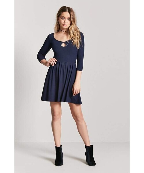 NWT FOREVER 21 Keyhole Scoop Neck Ribbed Empire Waist Fit & Flare Skater Dress S