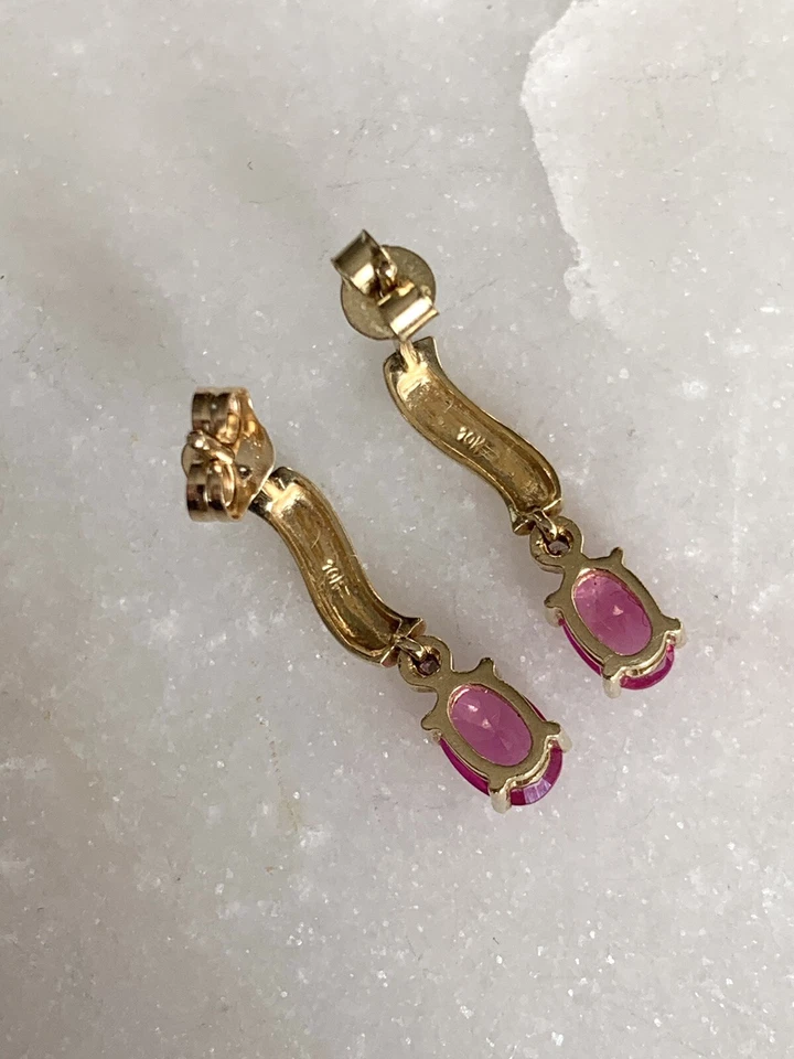 10ct Gold Pink Stone (Sapphire, Topaz?) Diamond Earrings (417, 10K Not 9ct Gold) - Image 3 of 3