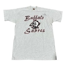 Vintage Buffalo Sabres Shirt XL Gray Goat Head Hockey NHL Signed Dwayne Roloson