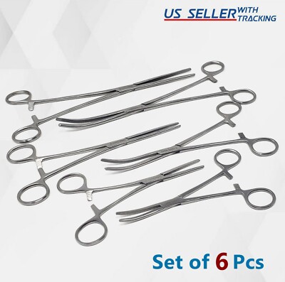 6pc Set 8'' + 10'' + 6.25'' Straight & Curve Hemostat Forceps Locking Clamps German
