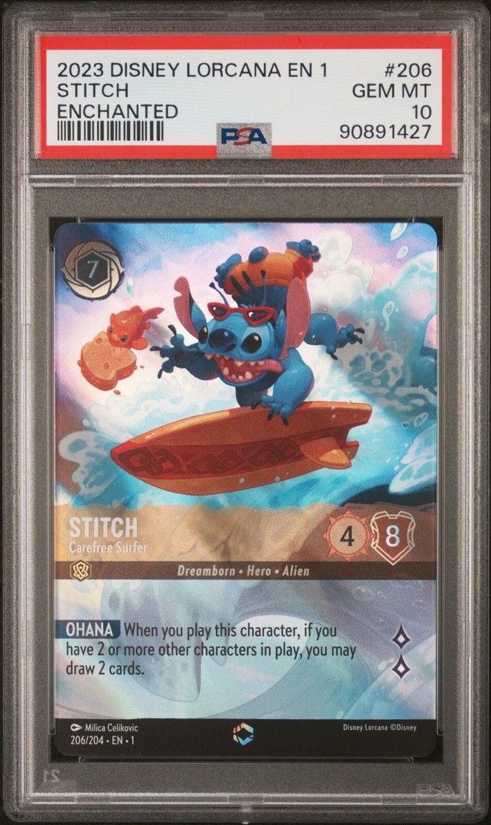 Disney Lorcana Stitch Carefree Surfer Enchanted 206/204 PSA Disney Lorcana Stitch Carefree Surfer Enchanted 206/204 PSA