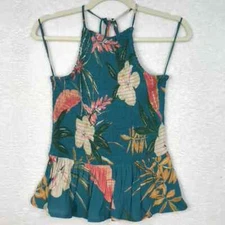 Patrons of Peace Tank Top Women Small Green Halter Ruffle Tropical Coconut Aloha